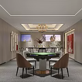 Modern Hotel Mahjong Room Interior With Mahjong Table Comfortable Chairs Pendant Lighting And Wall Art