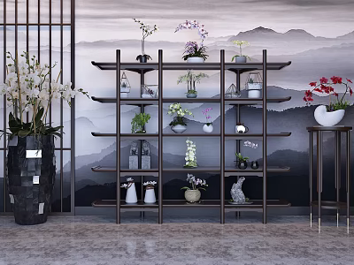 Chinese Style Shower Sauna Space With Mountain Landscape Wall And Multi Layer Shelves 3d model