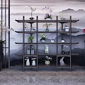 Chinese Style Shower Sauna Space With Mountain Landscape Wall And Multi Layer Shelves