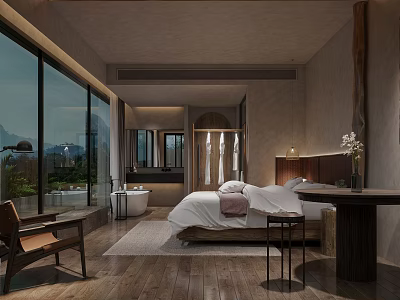 Modern Hotel Room Interior With Large Bed Floor to Ceiling Windows Bathtub Wooden Flooring And Natural Light 3d model