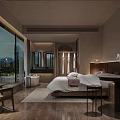 Modern Hotel Room Interior With Large Bed Floor to Ceiling Windows Bathtub Wooden Flooring And Natural Light