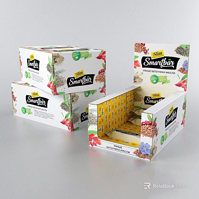 SmartBar Snack Product Packaging Display With Open And Stacked Boxes 3d model