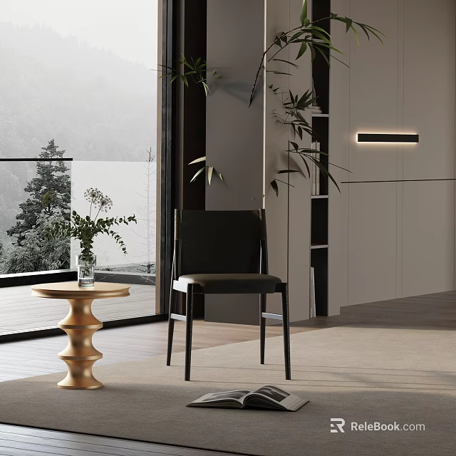 Black Leisure Chair In Modern Interior With Golden Side Table And Mountain View Through Floor To Ceiling Windows 3d model 