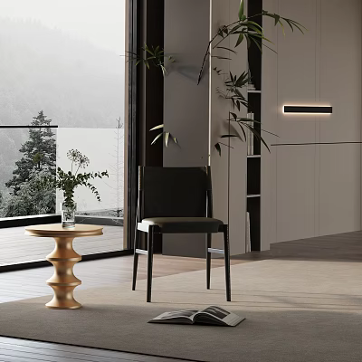 Black Leisure Chair In Modern Interior With Golden Side Table And Mountain View Through Floor To Ceiling Windows 3d model