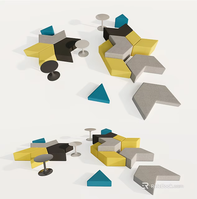 Unique Irregular Shaped Sofa Design With Yellow Grey Black Geometric Sections And Side Tables 3d model 