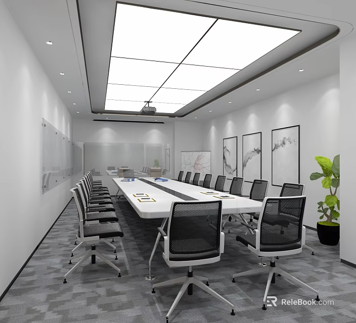 Modern Conference Room Interior With Long Table Black Chairs White Walls And Ceiling Lights 3d model 