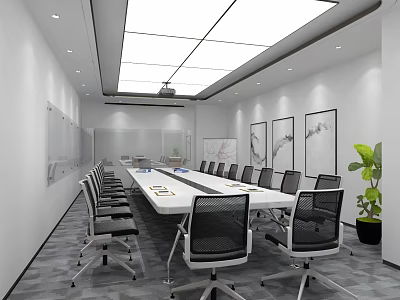 Modern Conference Room Interior With Long Table Black Chairs White Walls And Ceiling Lights 3d model