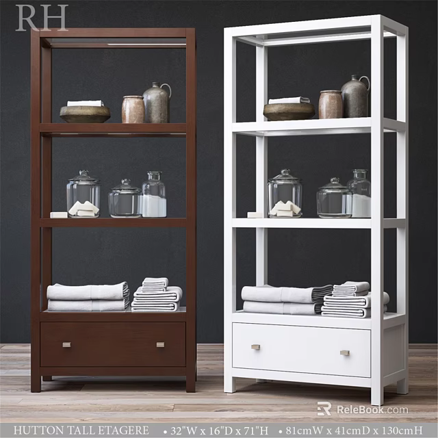 Brown and White Bathroom Vanity Shelves with Jars Towels and Decorative Storage 3d model 