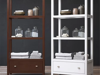 Brown and White Bathroom Vanity Shelves with Jars Towels and Decorative Storage 3d model