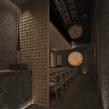 Cozy Restaurant Interior With Wooden Ceiling Dark Walls Circular Decor And Shelves With Bottles