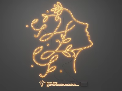 Yellow Neon Light Combination with Female Profile Silhouette Leaf Decorations Curved Designs on Gray Background 3d model