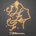 Yellow Neon Light Combination with Female Profile Silhouette Leaf Decorations Curved Designs on Gray Background