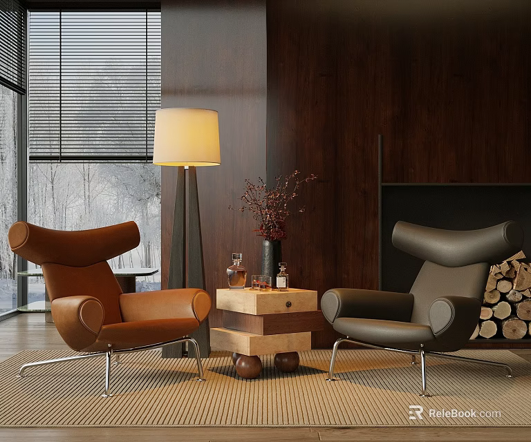 Modern Leisure Chair Set With Brown Gray Leather Seats Floor Lamp Side Table And Fireplace 3d model 