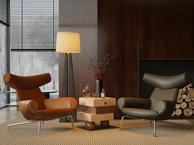 Modern Leisure Chair Set With Brown Gray Leather Seats Floor Lamp Side Table And Fireplace 3d model