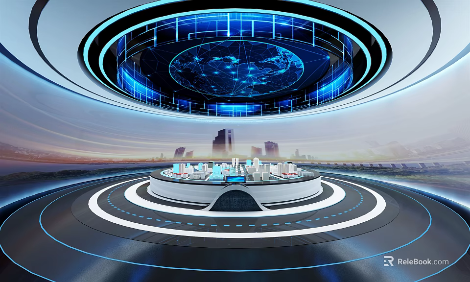 Futuristic Digital Urban Planning Platform With 3D City Model And Holographic Globe 3d model 