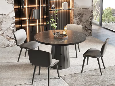 Modern Round Dining Table Set With Four Gray Chairs And Soft Area Rug 3d model