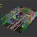 Cartoon Mechanical Platform Scene with Metallic Panels Yellow Warning Stripes and Blue Structure