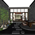 Traditional Chinese Garden Landscape With Bamboo Stone Path Carvings And Ink Painting Screen