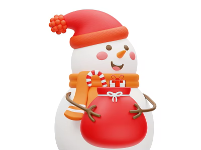 Cute Snowman With Red Hat Orange Scarf And Red Gift Bag Holding Candy Cane 3d model