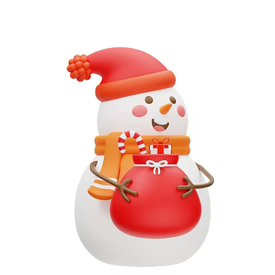 Cute Snowman With Red Hat Orange Scarf And Red Gift Bag Holding Candy Cane 3d model