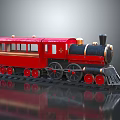 Vintage Red and Black Toy Train with Gold Accents and Red Carriages on Reflective Surface
