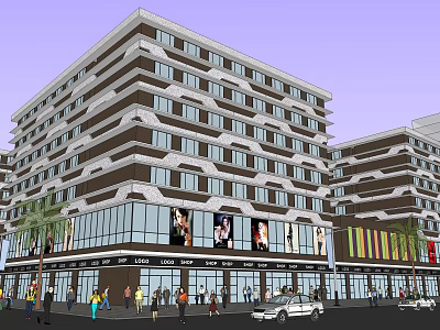 Modern Commercial Complex With Glass Facade Shops Billboards Pedestrians And Palm Trees 3d model