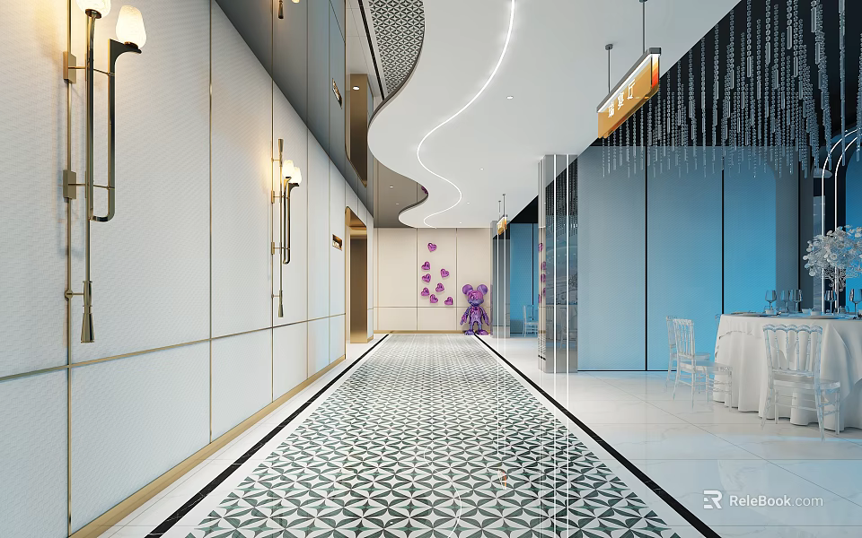 Modern Hotel Corridor Design With Geometric Floor Wall Lamps Purple Decor And Curved Ceiling Lights 3d model 