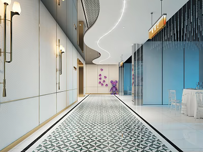 Modern Hotel Corridor Design With Geometric Floor Wall Lamps Purple Decor And Curved Ceiling Lights 3d model