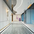 Modern Hotel Corridor Design With Geometric Floor Wall Lamps Purple Decor And Curved Ceiling Lights
