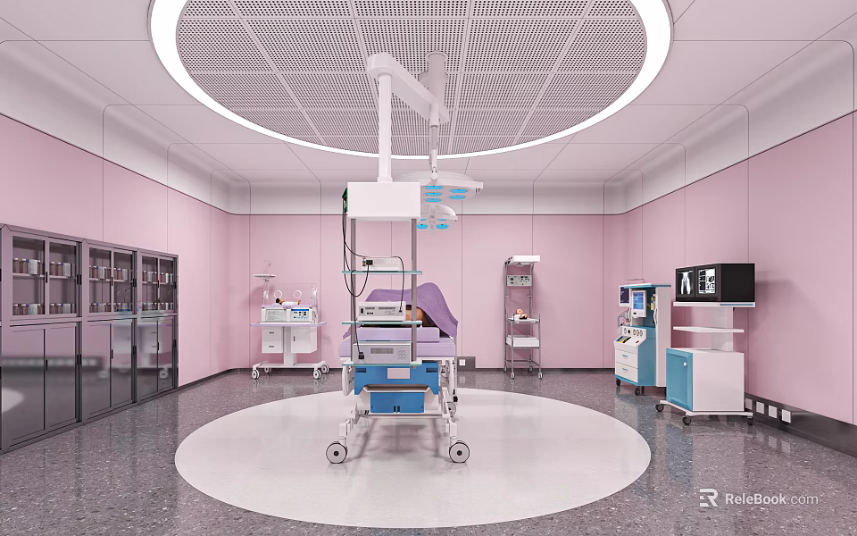 Modern Medical Treatment Room Interior With Pink Walls Wheeled Bed And Equipment 3d model 