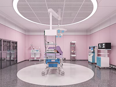 Modern Medical Treatment Room Interior With Pink Walls Wheeled Bed And Equipment 3d model