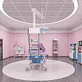 Modern Medical Treatment Room Interior With Pink Walls Wheeled Bed And Equipment