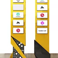 Yellow Roadside Information Pillars With Multiple Brand Logos For Commercial Guidance