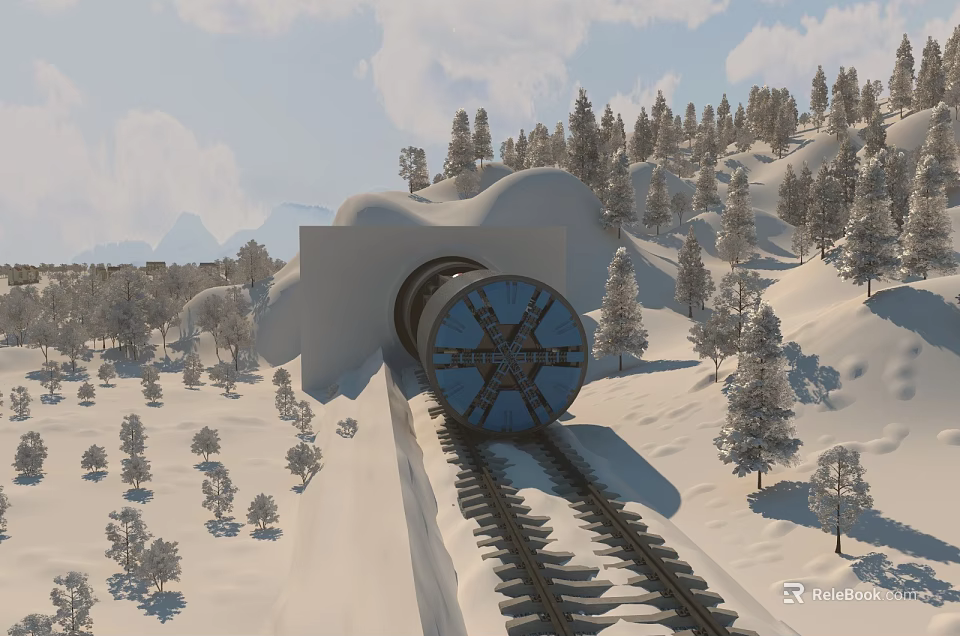 Snowy Mountain Railway Tunnel Entrance With Snow Covered Tracks And Trees 3d model 