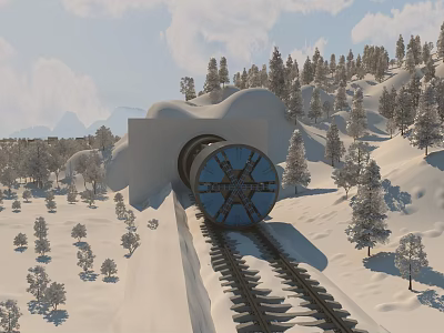 Snowy Mountain Railway Tunnel Entrance With Snow Covered Tracks And Trees 3d model