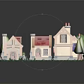 Cartoon Village Scene With Colorful Houses Red Purple Roofs Green Trees And Pathway