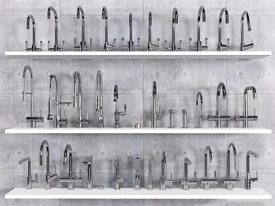 Display of Various Faucets Arranged on White Shelves Against Gray Wall 3d model