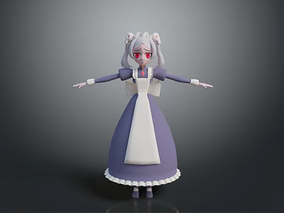 Game Movie Character In Purple White Maid Outfit Long Gray Hair Red Eyes 3d model