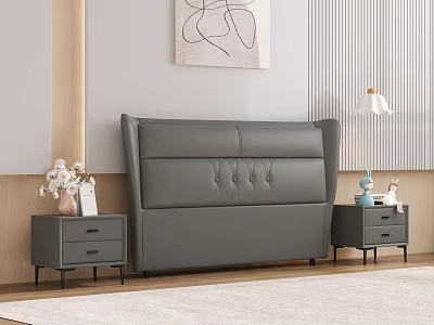 Modern Double Bed With Gray Headboard Two Nightstands Vase Decorations Wooden Floor And Abstract Painting 3d model