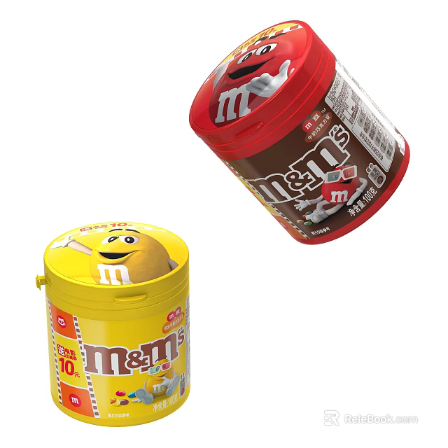 M&M's Chocolate Candy Tins In Red And Yellow With Cartoon Character Design 3d model 