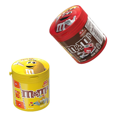 M&M's Chocolate Candy Tins In Red And Yellow With Cartoon Character Design 3d model