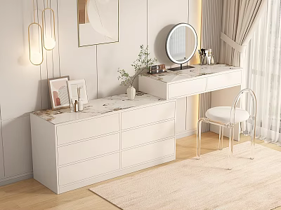 Modern White Dressing Table With Marble Countertop Round Mirror Clear Chair And Drawers 3d model
