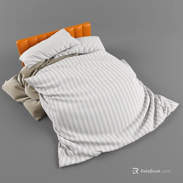 Double Bed With Orange Headboard Striped Bedspread White Pillows And Beige Blanket 3d model 