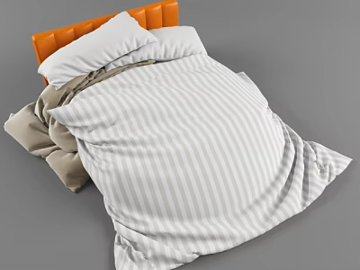 Double Bed With Orange Headboard Striped Bedspread White Pillows And Beige Blanket 3d model