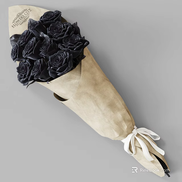 Bouquet of Black Roses Wrapped in Kraft Paper with White Ribbon 3d model 