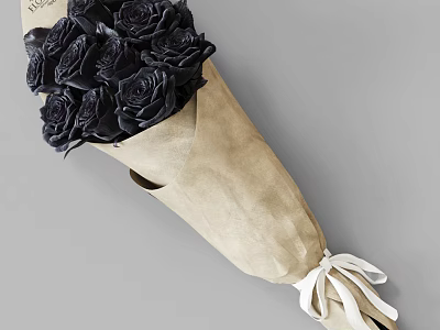 Bouquet of Black Roses Wrapped in Kraft Paper with White Ribbon 3d model