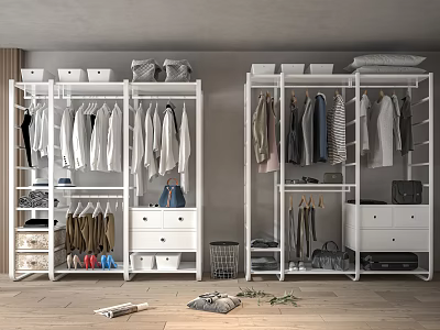 Clothes Racks In Organized Closet With Hanging Clothes And Storage Drawers 3d model