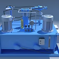 Blue Hydraulic Industrial Equipment With Dual Motors Pipes Gauges And Valves On Stable Base