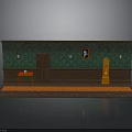 Green Wall Interior With Wooden Door Red Side Table Wall Lamps And Orange Rug