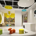 Qilifang Kids Activity Space With Yellow Polka Dot Wall Colorful Circular Lights White Reception Desk
